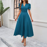 Dili 2025 Spring And Summer Temperament Elegant Solid Color High-Waisted Vneck Solid Color Short-Sleeved Dress Dress Women's Dress