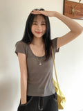 Unique Smoke Gray U Neck Collar Collar Collar Collar Collar Slightly Through The Shoulder Short-Sleeved T-Shirt Girl Summer Slimming New Chic Top
