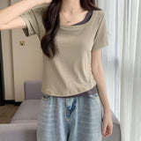 Fang Collar Short-Sleeved T-Shirt Women's 2026 Summer New Design Sense Of Small Body Pure Fake Two Short Tops