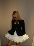 Women's Spring New Elegant Lace Splicing Neck Tie To Repair Height Waist Long-Sleeved Dress