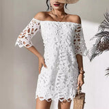 2025 New Commuter Wind Solid Color Brae Shoulder Hollow Lace Dress Dress Dress Dress Woman