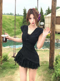 Pure-Want Hottie Fake Two Lace Embroidery V-Neck Dress Women's New Summer Waist Thin Ass Short Skirt