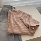 Striped Short-Sleeved Women's Summer Loose Shoulder T-Shirt Unique Design Sense Of Niche Body Half-Sleeved Top In Fashion