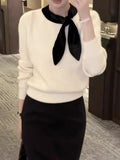 Gentle Style White Temperament Bow Tie Sweater Women Autumn And Winter Design Unique To The Knitted Shirt Inside The Top