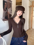 Curry Color Lattice Splicing Colliding Color V Collar With Long-Sleeved T-Shirt Women 2026 Autumn New Half-Open Bottom Shirt Top