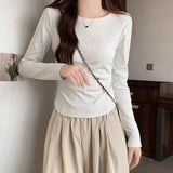 Flower Ash Slim Long-Sleeved Soft-Gripen Mask T-Shirt Women In Early Autumn New Solid Color Folding Thin Design Top