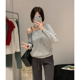 Black Slack Feel Inclined Angle Shoulder Long-Sleeved T-Shirt Girl Out-To-Shoulder Early Autumn Lazy Loose Babes Sexy Shoulder
