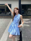French Blue Sleeveless Hanging Neck Lattice Dress Women's Summer 2026 New Small Man Holiday Short Skirt