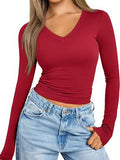 2025 Women's Long-Sleeved Autumn Fashion Blouse V-Neck Basic Style T-Shirt Splicing Design