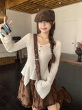 French V-Neck Horn Sleeve Design Long-Sleeved Knitted Cardigan Women's Autumn Hollow Wears A Top Of The Shirt