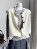 Ladies Literary And Artistic Solid-Colored Cardigan Vest Spring And Autumn Loose Stacked Vest Wearing Round Collared Hornwood Knitted Jersey Clip