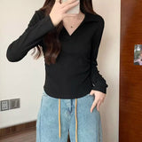 Korean Polo Collar Long-Sleeved Mask T-Shirt Women's Autumn And Winter New Design Feeling Folded Waist Unique Special To The Bottom Shirt