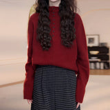 Red White Half-Neck Long-Sleeved Knitted Sweater In The Sweater Winter Girl's New Burst Thin Bottom Shirt Top