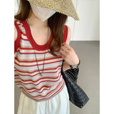 Red Striped U-Neck Vest Sling Women's Summer Wear Design Loose Short Knitted Shirt Thin
