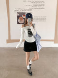 White Puppy Letter-Print Shoulder Strap Design Long-Sleeved T-Shirt Women's Early Autumn Angle Shoulder Folded Shoulder