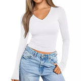 2025 Women's Long-Sleeved Autumn Fashion Blouse V-Neck Basic Style T-Shirt Splicing Design