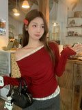 Christmas Red Corner Out Of The Shoulder Pure Lust Lace Splicing Long Sleeve Bottom Shirt Women In Autumn And Winter Inside And Outside Wearing A Beautiful Top
