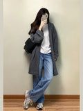 Grey Long Hooded Sweater Coat Women Early Autumn Korean Temperament Loose Lazy Slackness Knitted Open Shirt