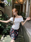 Pure Lustful Wind Shoulder-To-Shoulder Sexy Lotus Side Short-Sleeved T-Shirt Girl Summer New Waist Draw Folds Thin Top
