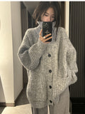 Korean Gray Soft-Gried High-Necked Cardigan Sweater Coat Women Wear Lazy Wind Loose Long Knitwear In Autumn And Winter