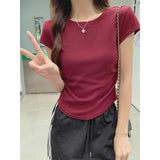 Wine Red Shoulder Embroidered T-Shirt Girl Short Umbilical Pure Folding Small Summer Round Collar Short Sleeve Top