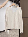 Simple Solid Color V-Neck Long-Sleeved T-Shirt Girl Summer Korean Version Of Loose Thin Chic Retro Sunscreen Shirt Top