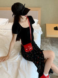 Black Broken Flower Irregular Opening Half-Summer Women's Summer 2026 New Small Design High-Lumn Bust Long Dress