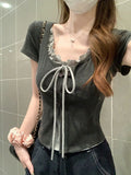 Short Fake Two Shoulder Short-Sleeved T-Shirt Women 2025 Summer New Wood Ear-To-Sense High-End Feel Coat Inside