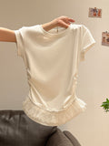Sweet Age-Rearing Lace Spliced Hem Short-Sleeved T-Shirt 2026 Summer Ballet Style Folding Top