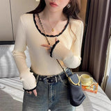 Grey Fragrant Knitted Sweater Women's Autumn And Winter Design Sense Retro Lace Top Pure Desire To Put On The Bottom Of The Sweater