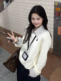 Lattice Splicing Fake Two College Style Sweater Women's Autumn And Winter New Loose High-End Knitted Shirt Top