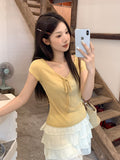 Korean Sexy Pure Desire U Tie Strap Shoulder Short-Sleeved T-Shirt 2026 Summer New Temperament To Close The Waist Thin Top