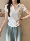 Rolling Polo Collar V-Neck Shoulder Short-Sleeved T-Shirt Girl 2025 Summer New Slim Short Solid Color Coat Tide