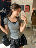 Round Collar Collar Collar Collar Collar Collar Thin Short-Sleeved T-Shirt Girl Spring And Summer Bow Tie With Straight Shoulder To Put On The Top