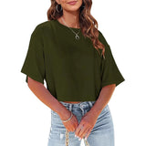 Women's Loose Short T-Shirt Round Collar Umbilical Top Casual Summer Solid Color Basic T-Shirt Short Sleeve