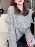 Spring Dress Wearing Hook Flower Hollow Sweater Female Lotus Leaf Side Gray Soft Glutinous Loose Collar Knitting Top