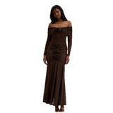 Autumn 2025 New Women's Fashion Temperament Solid Color Folds Long Sleeves Shoulder Dress