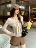 One-Word Shoulder Mesh Splicing Bumpy Color Strapped Long-Sleeved T-Shirt For Women In Early Autumn 2026 Slimming Bottom Shirt