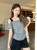 Korean Slanted Shoulder Design Fake Two Short-Sleeved T-Shirt 2026 Summer New Ditic Thin Loose Temperament Top