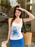 Korean Fashion Watercolor Flowers U Tie Sling Vest Women Summer New Temperament Slim Design Blouse