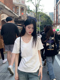 U-Necked T-Shirt Women's Short-Sleeved White Shoulder Summer 2026 Big Necktip Loose Thin Inner Solid Color Top Thromy Shirt