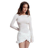Women's Summer New Solid Color Leisure Collar Long Sleeve Folding Bag Hips Short Dress Dress Woman