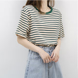 Short-Sleeved T-Shirt Women's Summer Thin 2026 New Loose Cotton Green Stripe Sympathizes With Women's Clothes