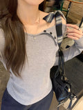 Korean Slanted Shoulder Strap Long-Sleeved T-Shirt Girl Early Autumn Wearing Folds And Folds And Irregular Bottoming Tops