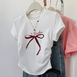 Pure Cotton Shoulder Short-Sleeved T-Shirt Women 2025 Summer New Design Sense Niche Wrinkles To Receive Thin Short Tops