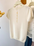 Positive Shoulder Milk Blue Ice Silk Knitted Short-Sleeved T-Shirt Woman 2025 Summer New Design Thin Hollow Top