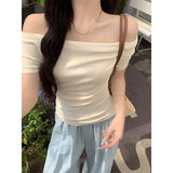 Tibetan Blue Pure Desire Short-Sleeved T-Shirt Girls Summer New Two-Skinny Collarbone Shoulder Coat