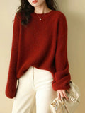 Red Bright Silk Knitted Women's 2025 Autumn And Winter New European Goods High-End Thickened Lazy Bottom Sweater Retro Top