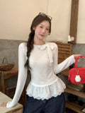 Ballet Style White Lace Hem With Grinding Long-Sleeved T-Shirt Autumn And Winter New Bottom Shirt For Women