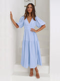 Hot New Summer High Feeling Deep V Bubble Sleeve Holiday Dress Fashion Women's Dress